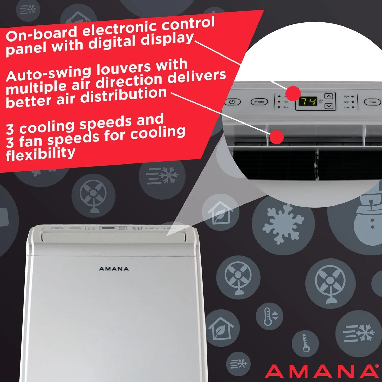 Amana AMAP084AW AC 8,000 BTU Portable Air Conditioner, for Rooms up to 300 Sq. Ft, with Dehumidifer, Fan Mode, Digital Controls, Remote, Wheels, 24H Timer, and Washable Filter, White