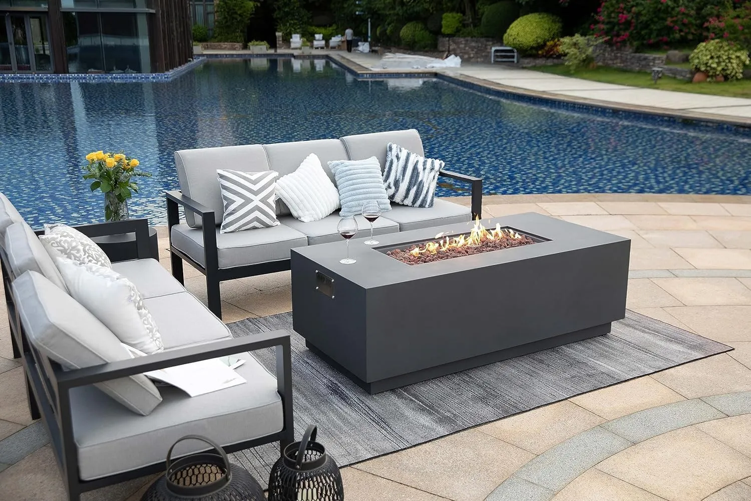 AMS Fireplace Sedona Fire Table Dark Gray Liquid Propane Gas Pit Table for Outside Patio Bundle with Wind Guard, and SS Burner Lid | Free Rubber Mat, Ice Bucket & Counter-top Lantern