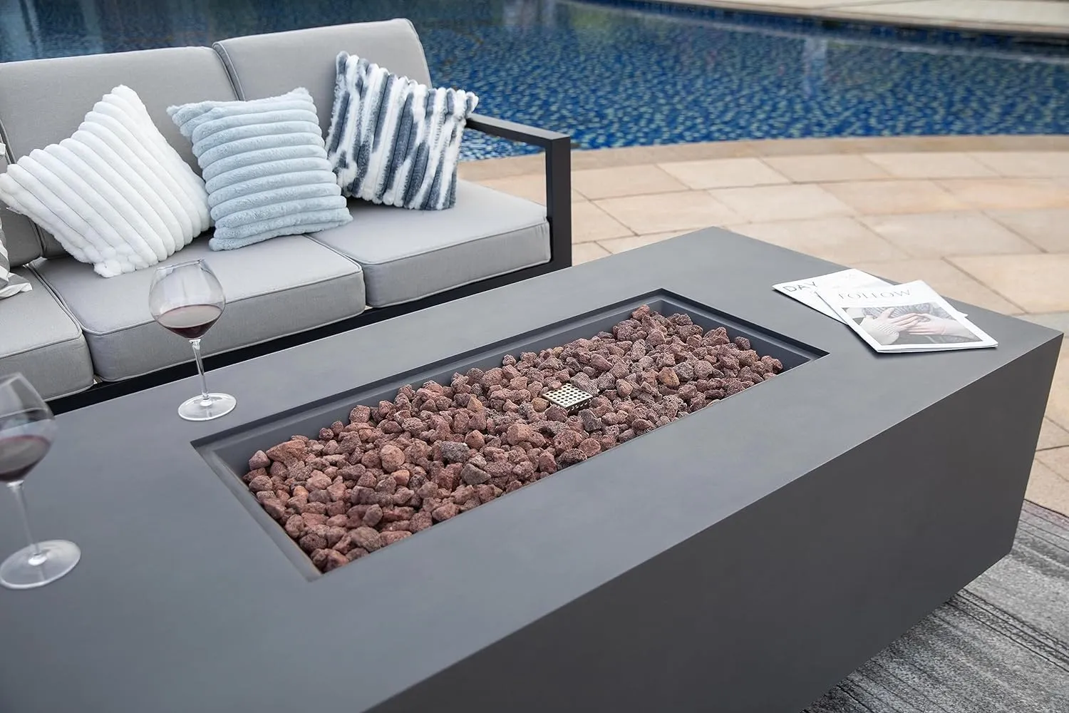 AMS Fireplace Sedona Fire Table Dark Gray Liquid Propane Gas Pit Table for Outside Patio Bundle with Wind Guard, and SS Burner Lid | Free Rubber Mat, Ice Bucket & Counter-top Lantern