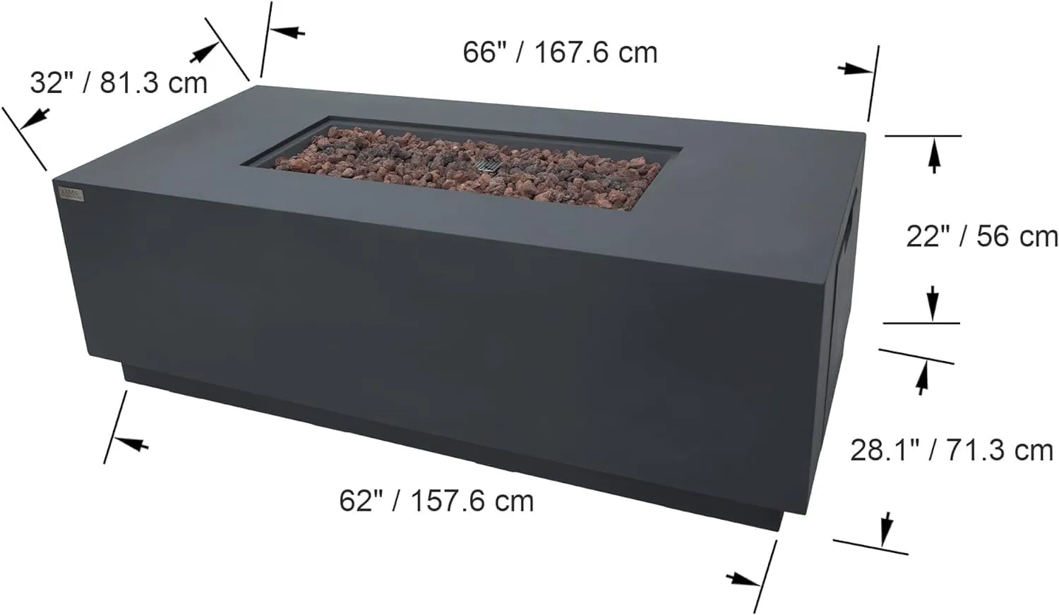 AMS Fireplace Sedona Fire Table Dark Gray Liquid Propane Gas Pit Table for Outside Patio Bundle with Wind Guard, and SS Burner Lid | Free Rubber Mat, Ice Bucket & Counter-top Lantern