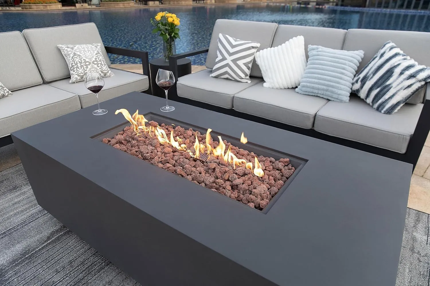 AMS Fireplace Sedona Fire Table Dark Gray Liquid Propane Gas Pit Table for Outside Patio Bundle with Wind Guard, and SS Burner Lid | Free Rubber Mat, Ice Bucket & Counter-top Lantern