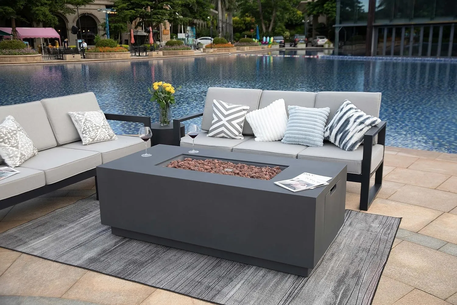 AMS Fireplace Sedona Fire Table Dark Gray Liquid Propane Gas Pit Table for Outside Patio Bundle with Wind Guard, and SS Burner Lid | Free Rubber Mat, Ice Bucket & Counter-top Lantern