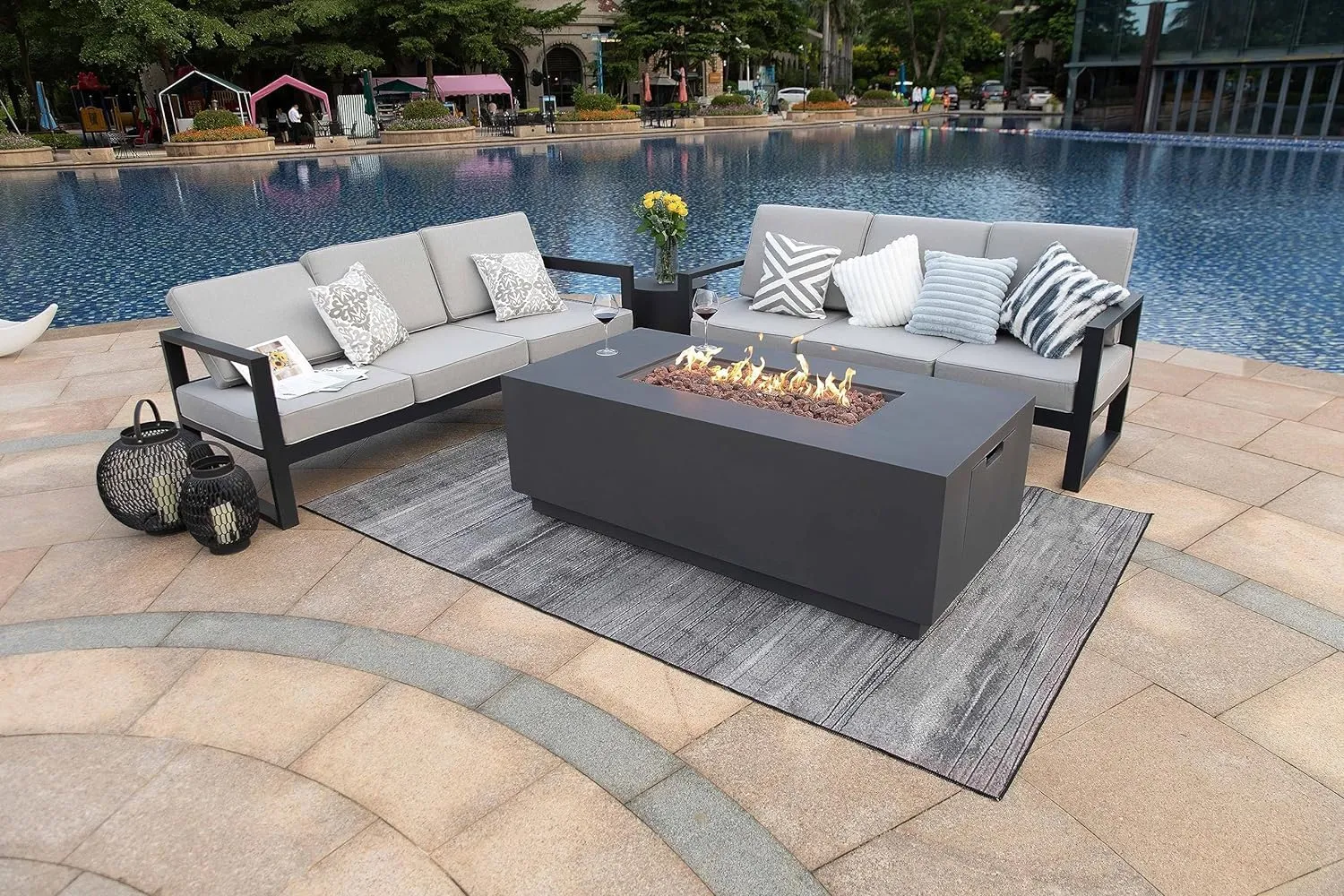 AMS Fireplace Sedona Fire Table Dark Gray Liquid Propane Gas Pit Table for Outside Patio Bundle with Wind Guard, and SS Burner Lid | Free Rubber Mat, Ice Bucket & Counter-top Lantern