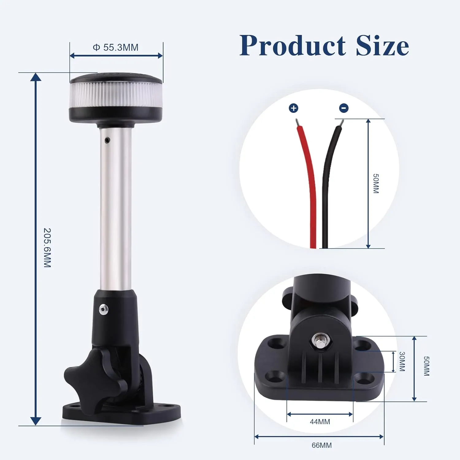 Anchor Light Boat Bimini Light Stern Light LED Marine Navigation Lights USCG 2 NM All Round White Stainless Steel 12 Volts for Pontoon 8 Inches (Adjustable Fold Down Base)