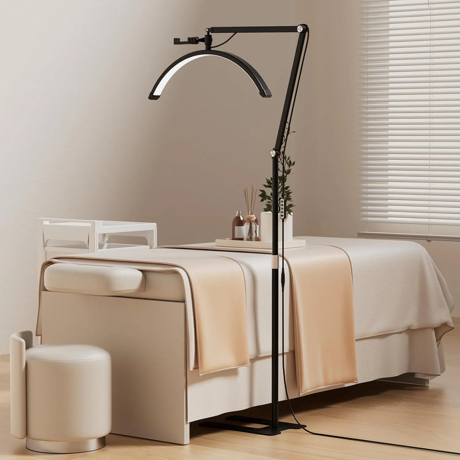 Andoer Dimmable Lash Light for Eyelash Tech, Half Moon Shaped Esthetician Light with Phone Holder, Shadowless Warm Lighting, Height Adjustable, Floor Lash Lamp for Beauty, Tattoo and SPA