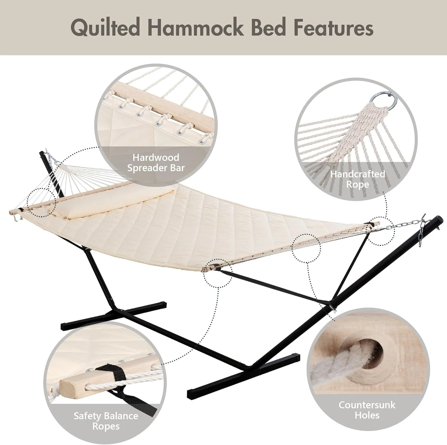 ANOW Outdoor Hammock with 12 Feet Heavy Duty Steel Stand, Two Person Hammock with Stand Included, 450 LBS Weight Capacity, Cream