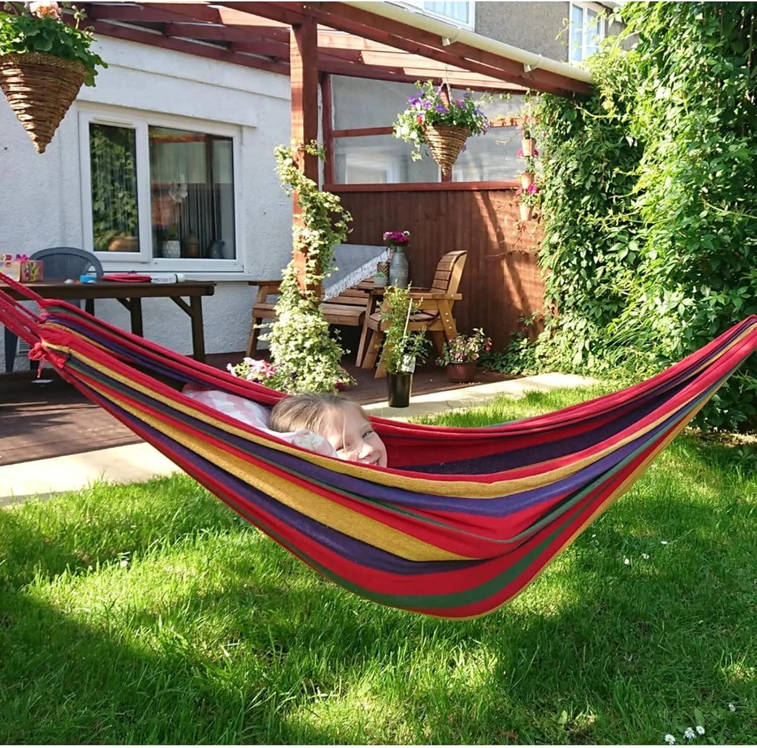 ANYOO Cotton Hammock Portable Camping Hammocks for Hanging Sturdy Garden Comfortable Fabric Hammock with Tree Straps Up to 660lbs with Travel Bag for Camping Outdoor/Indoor Patio Backyard