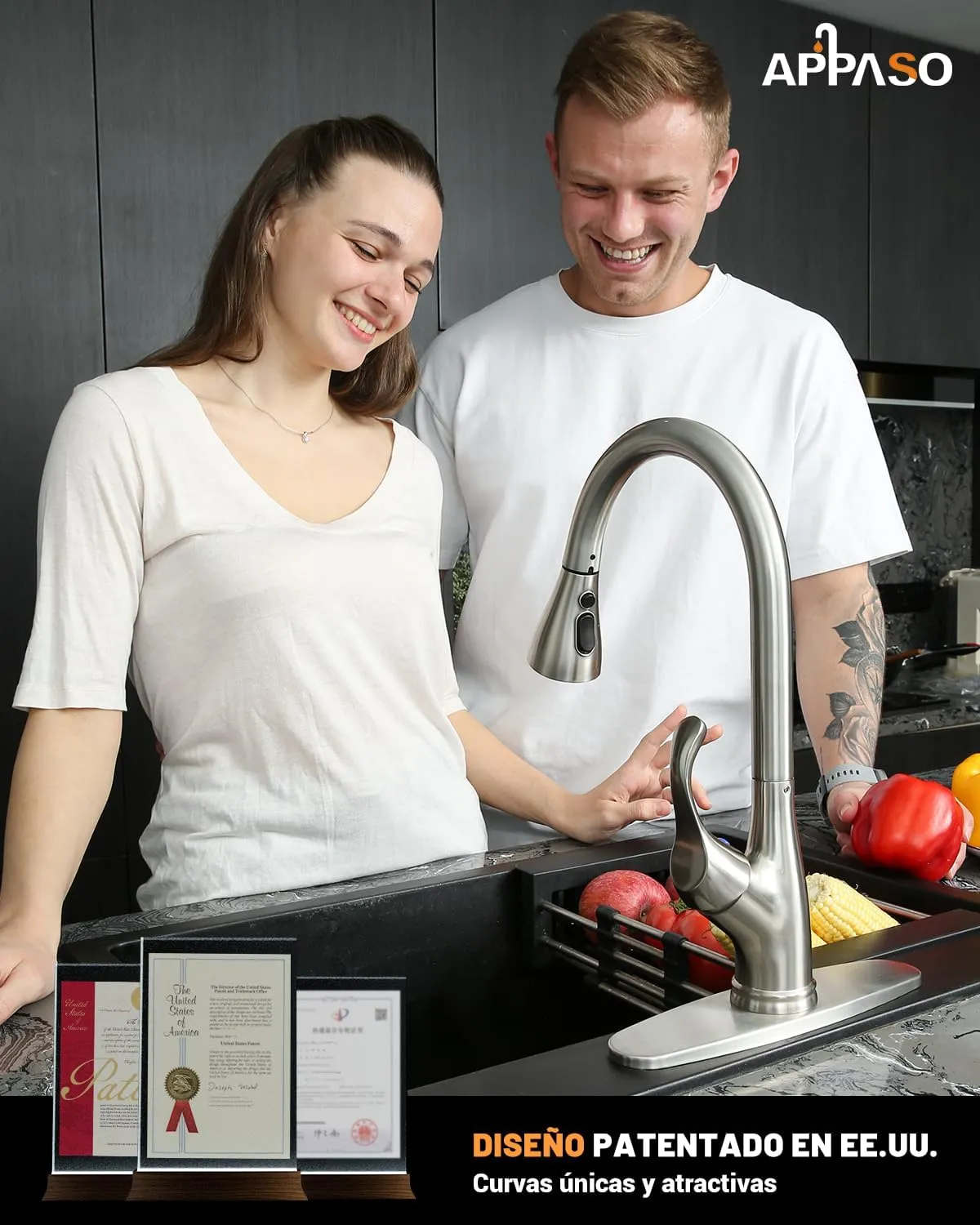 APPASO Pull Down Kitchen Faucet with Sprayer Stainless Steel Brushed Nickel - Single Handle Commercial High Arc Pull Out Spray Head Kitchen Sink Faucets with Deck Plate, Llave para Fregadero de Cocina