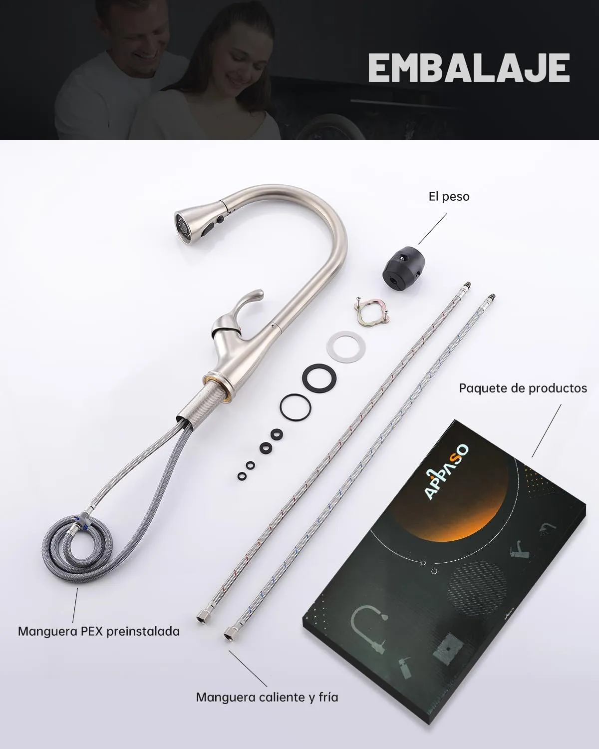 APPASO Pull Down Kitchen Faucet with Sprayer Stainless Steel Brushed Nickel - Single Handle Commercial High Arc Pull Out Spray Head Kitchen Sink Faucets with Deck Plate, Llave para Fregadero de Cocina