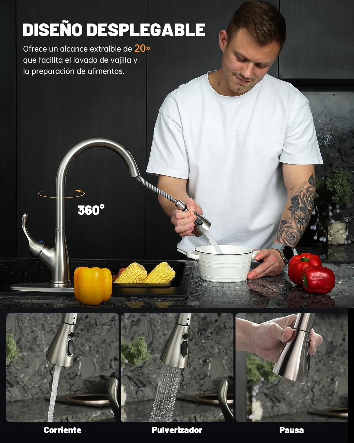 APPASO Pull Down Kitchen Faucet with Sprayer Stainless Steel Brushed Nickel - Single Handle Commercial High Arc Pull Out Spray Head Kitchen Sink Faucets with Deck Plate, Llave para Fregadero de Cocina