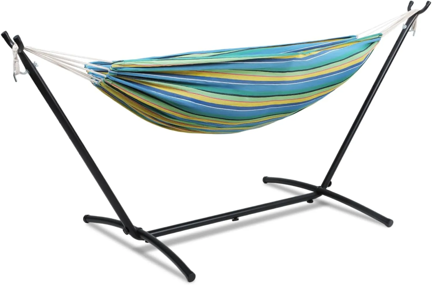 Athena Collection Double Hammock with Stand for Outside, Heavy-Duty Steel Stand 250 Lbs Weight Capacity, Portable Outdoor Hammock Swing with Carry Bag for Indoor, Outdoor, Backyard, Blue Yellow