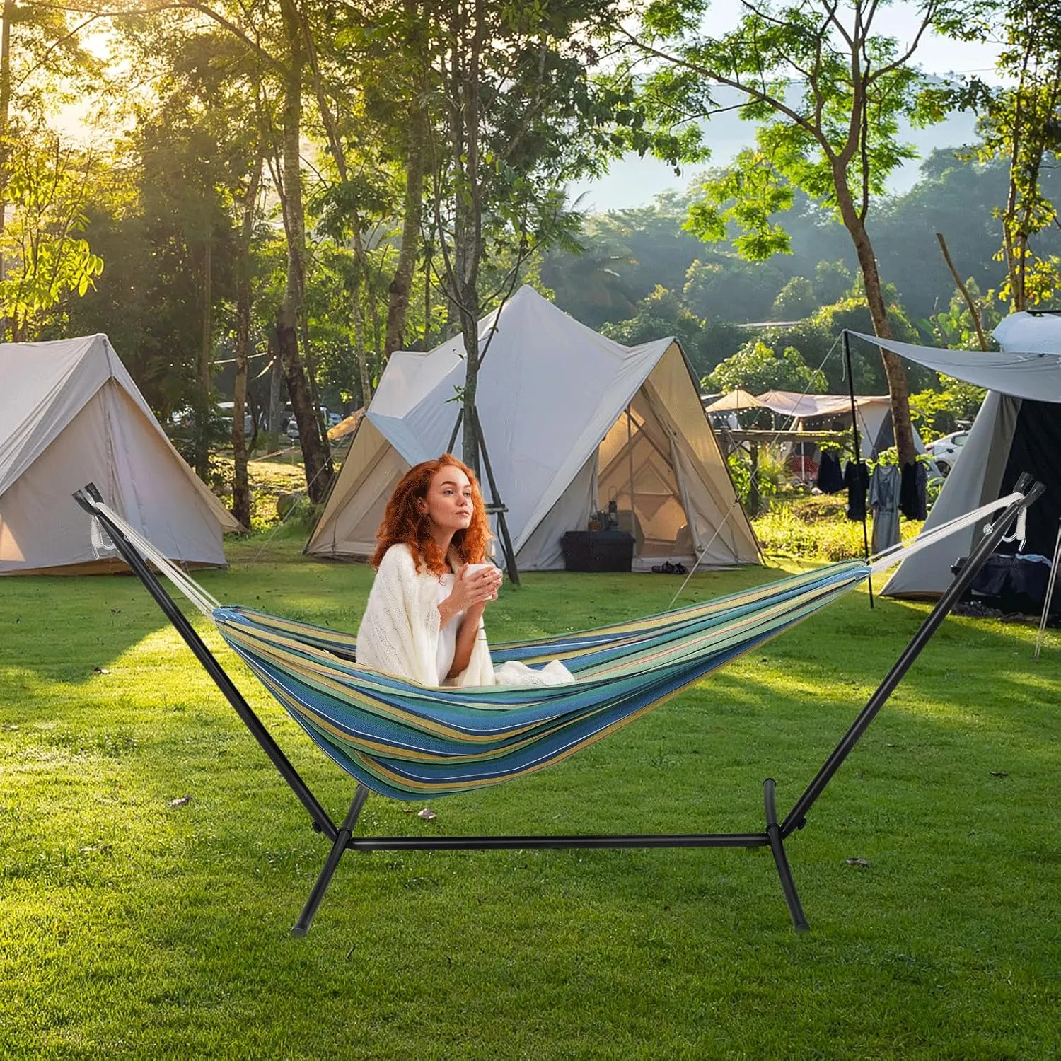 Athena Collection Double Hammock with Stand for Outside, Heavy-Duty Steel Stand 250 Lbs Weight Capacity, Portable Outdoor Hammock Swing with Carry Bag for Indoor, Outdoor, Backyard, Blue Yellow