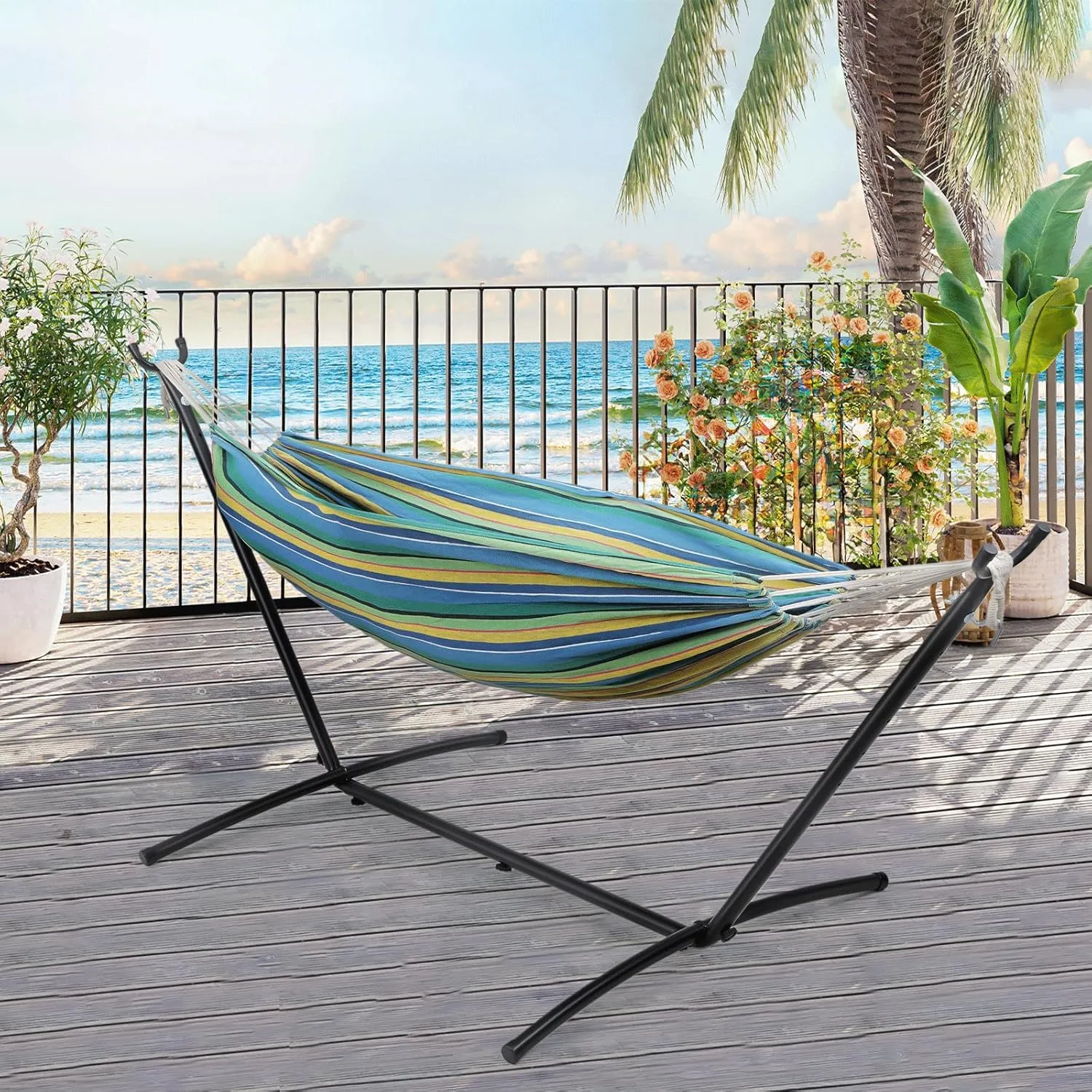 Athena Collection Double Hammock with Stand for Outside, Heavy-Duty Steel Stand 250 Lbs Weight Capacity, Portable Outdoor Hammock Swing with Carry Bag for Indoor, Outdoor, Backyard, Blue Yellow