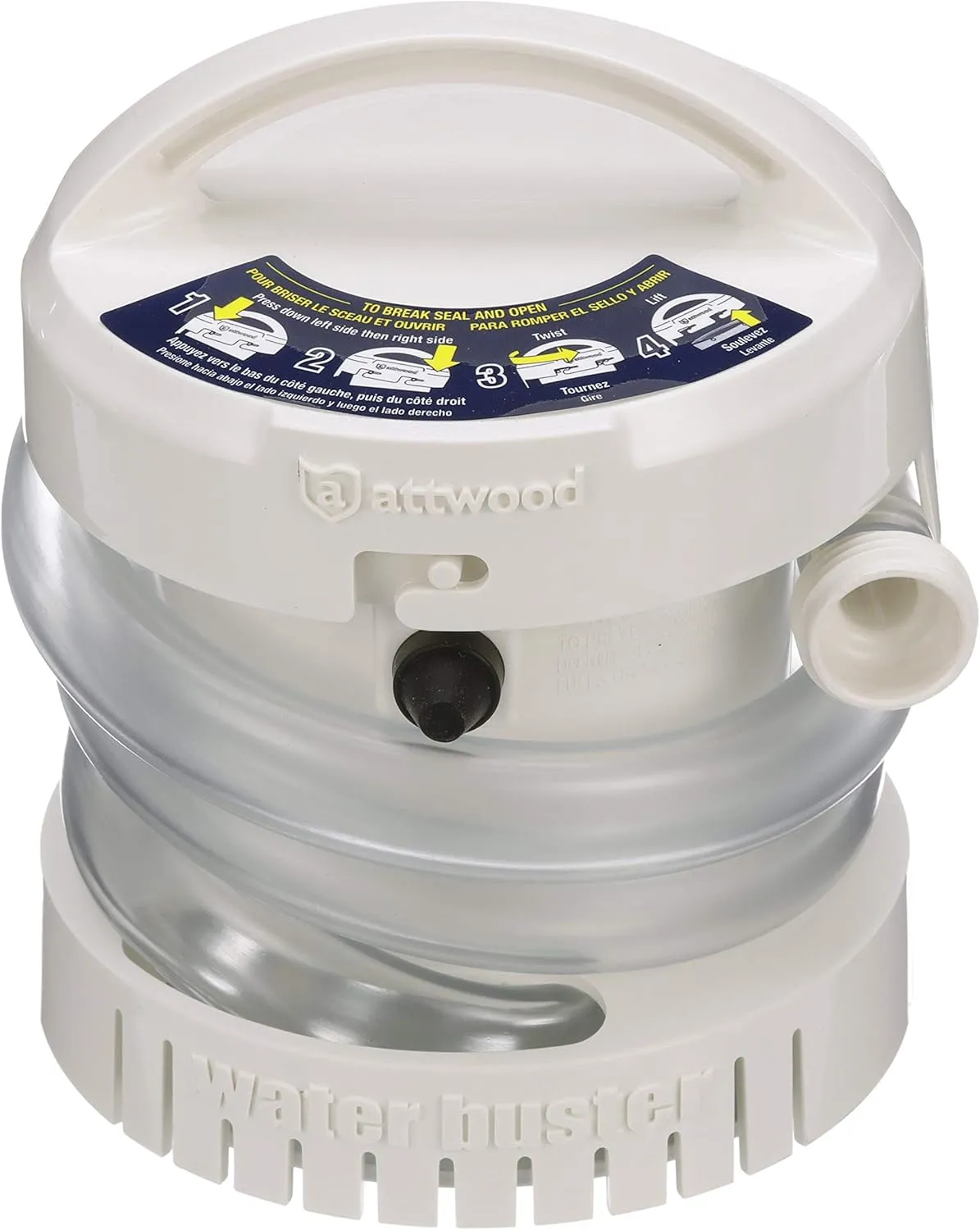 Attwood 4140-4 WaterBuster® Portable Pump, Submersible, Battery Powered, 200 GPH, 42-Inch Hose, 5 ¼-Inch Diameter