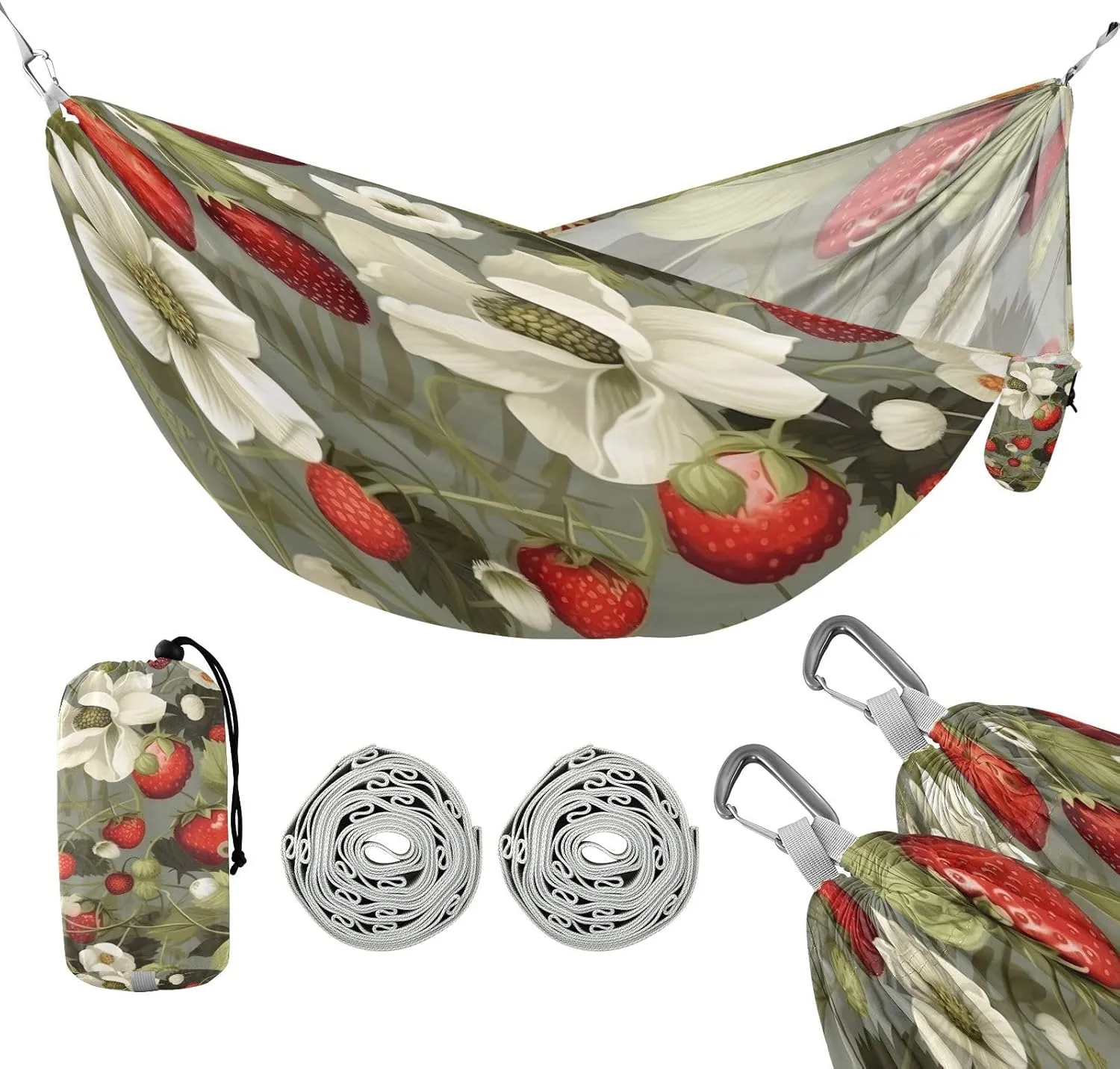 ATTX Strawberry Flower Pattern Camping Hammock - Lightweight & Portable Hammocks, Heavy Duty 330lbs Capacity for Indoor, Hiking, Backpacking, Travel, Backyard, Beach#310