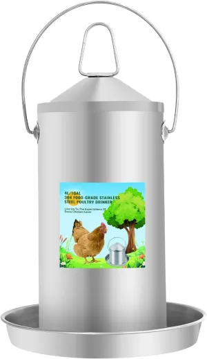 Automatic Chicken Waterer 4L/1.0Gal, 304 Food Grade Stainless Steel Heavy Duty Reliable Long-Lasting Poultry Waterer with Handle, High Strength Structure 0.035 Inch Metal Thickness, No Assemble
