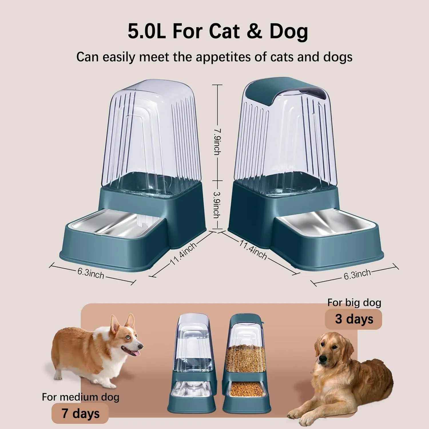 Automatic Dog and Cat Food Feeder and Water Dispenser Set with Stainless Steel Bowls,Gravity Pet Food and Water Feeders,100% BPA-Free,Large Capacity for Cats Dogs Pets