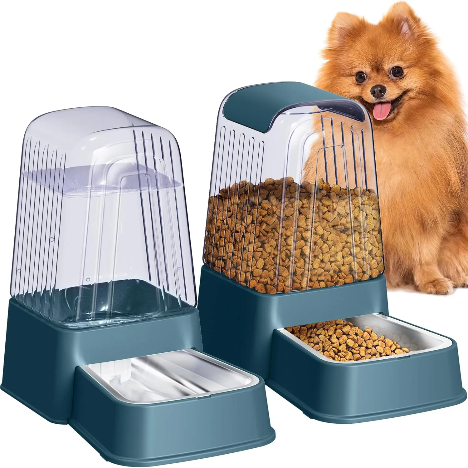 Automatic Dog and Cat Food Feeder and Water Dispenser Set with Stainless Steel Bowls,Gravity Pet Food and Water Feeders,100% BPA-Free,Large Capacity for Cats Dogs Pets