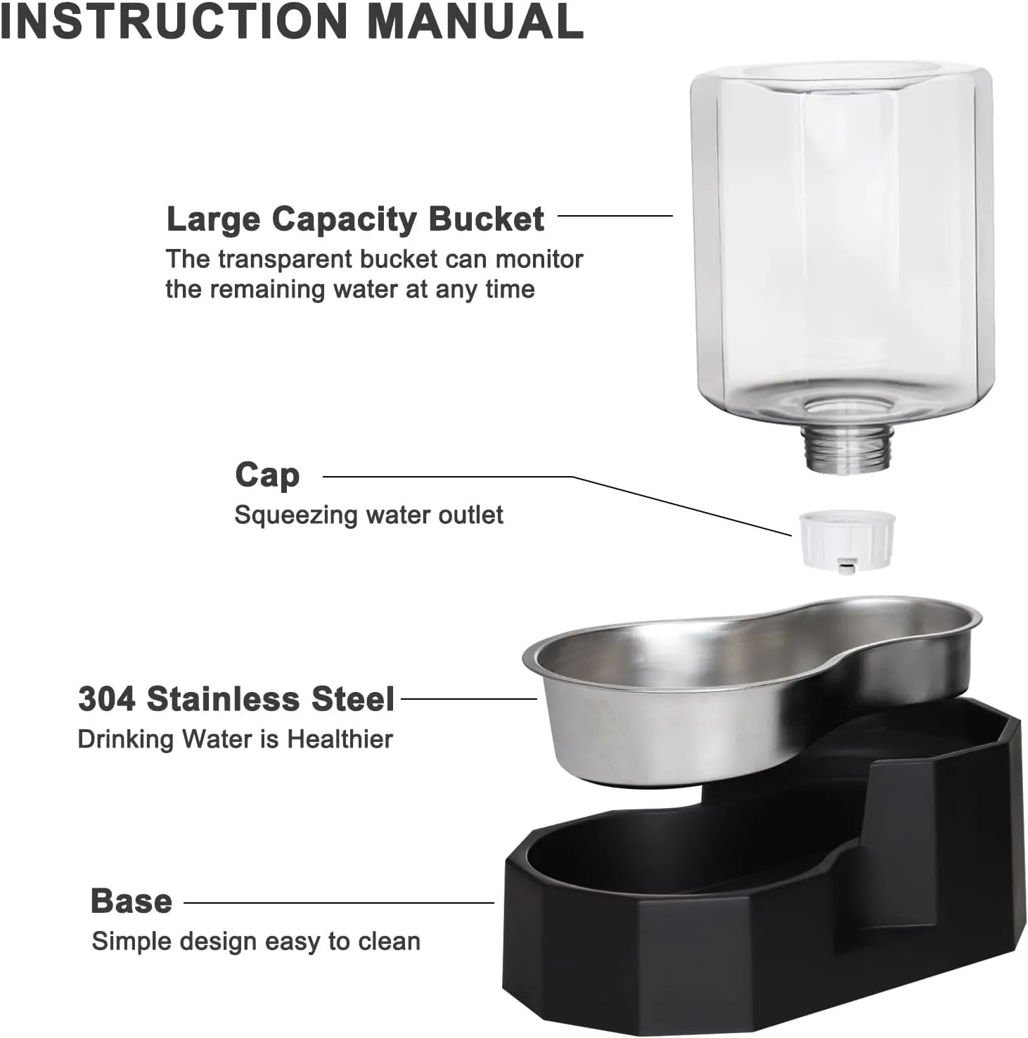 Automatic Pet Water Dispenser with Stainless Steel Bowl, Gravity Waterer, Angular Water Feeder for Small to Large Dogs and Cats (Black, 4L Without Filter)
