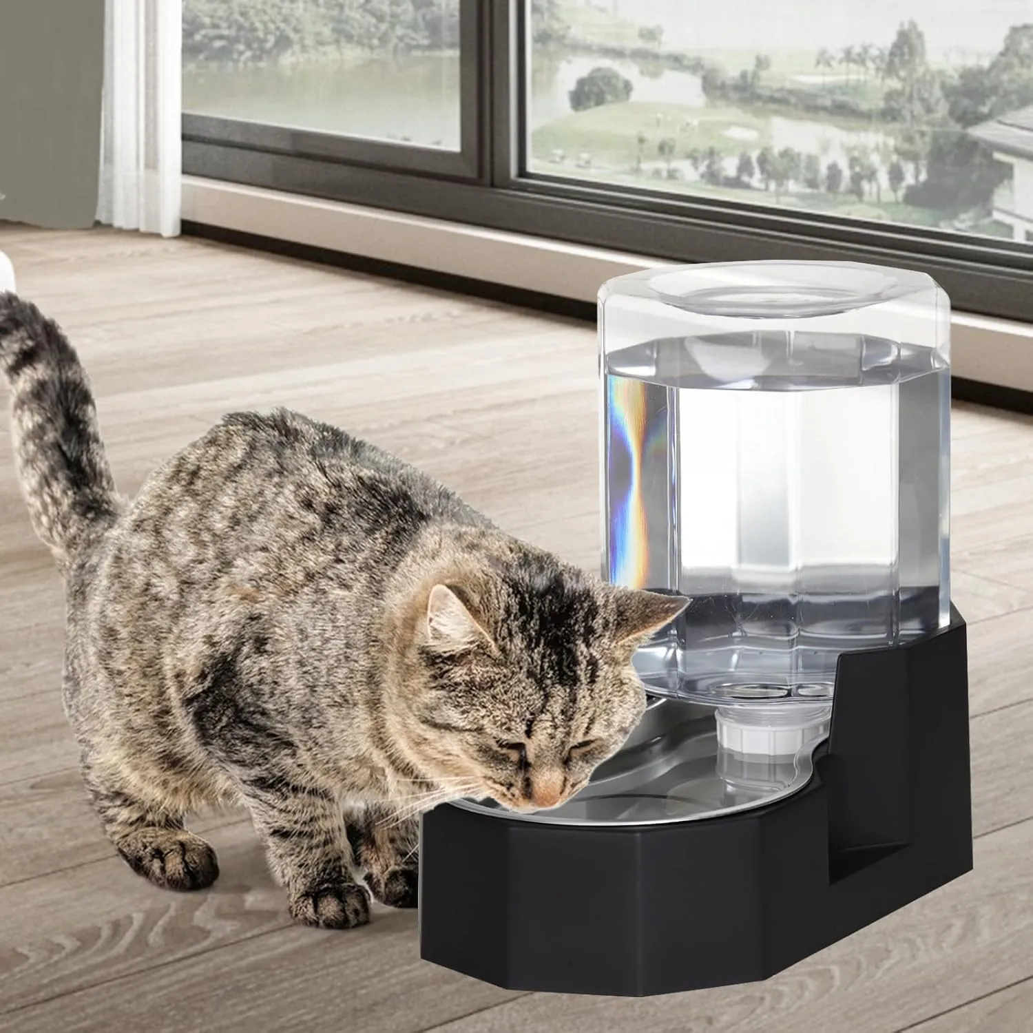 Automatic Pet Water Dispenser with Stainless Steel Bowl, Gravity Waterer, Angular Water Feeder for Small to Large Dogs and Cats (Black, 4L Without Filter)