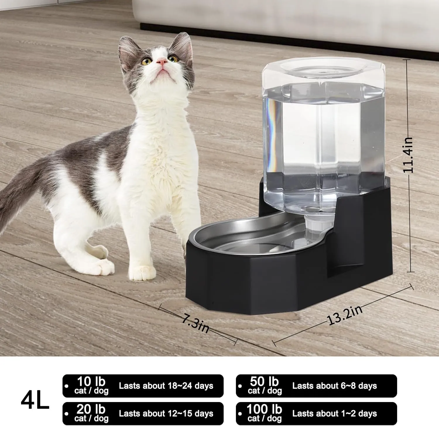 Automatic Pet Water Dispenser with Stainless Steel Bowl, Gravity Waterer, Angular Water Feeder for Small to Large Dogs and Cats (Black, 4L Without Filter)