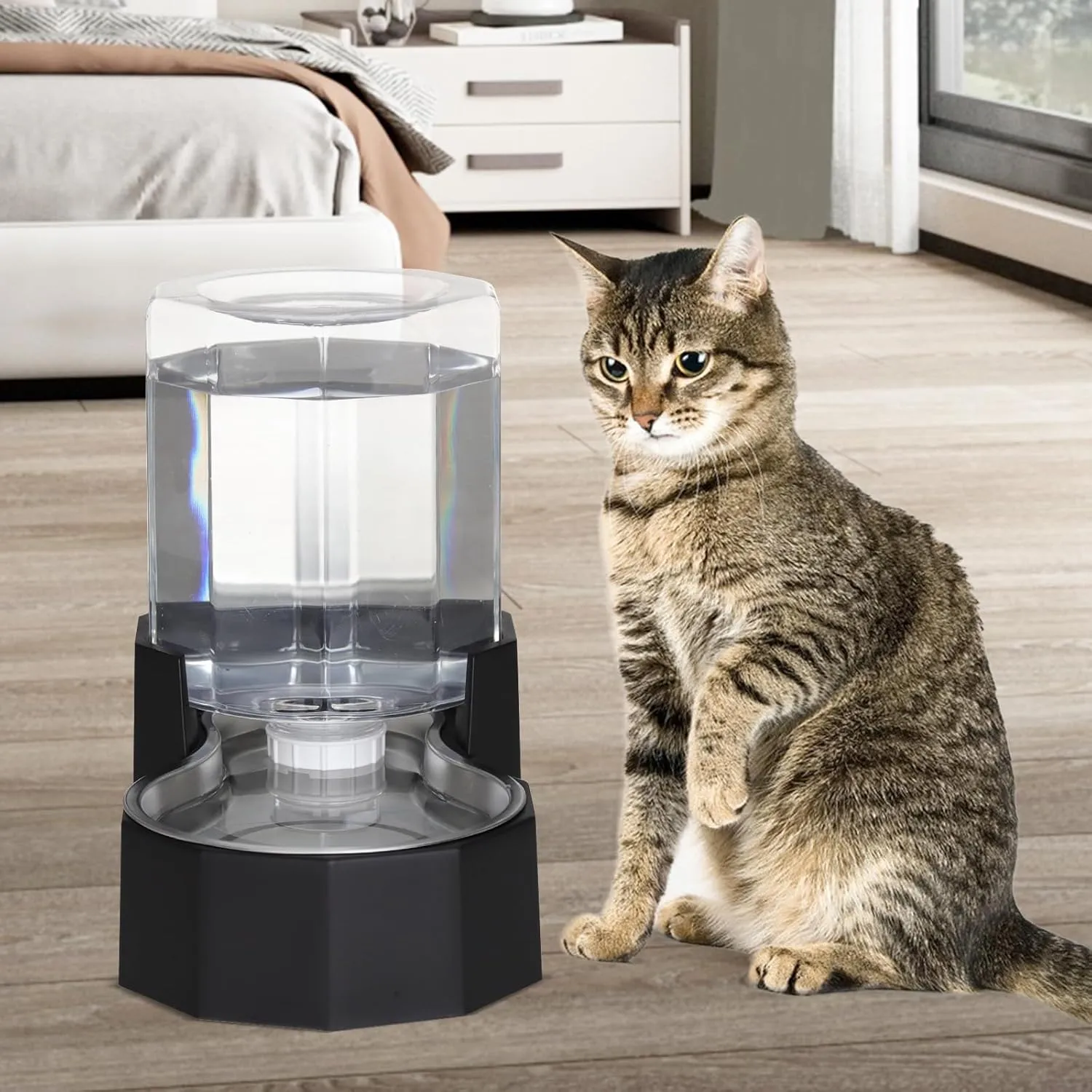 Automatic Pet Water Dispenser with Stainless Steel Bowl, Gravity Waterer, Angular Water Feeder for Small to Large Dogs and Cats (Black, 4L Without Filter)