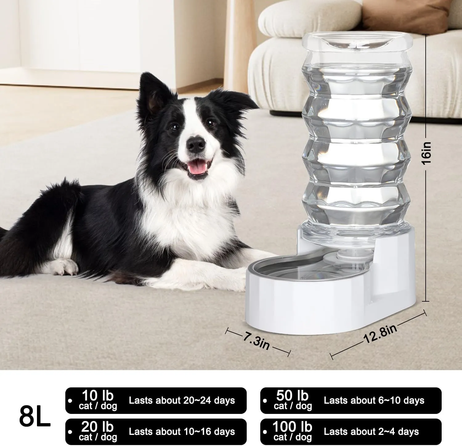 Automatic Pet Waterer,8L Gravity Stainless Steel Water Dispenser,100% BPA-Free, Large Capacity Water Feeder for Cats and Small and Medium-Sized Dogs