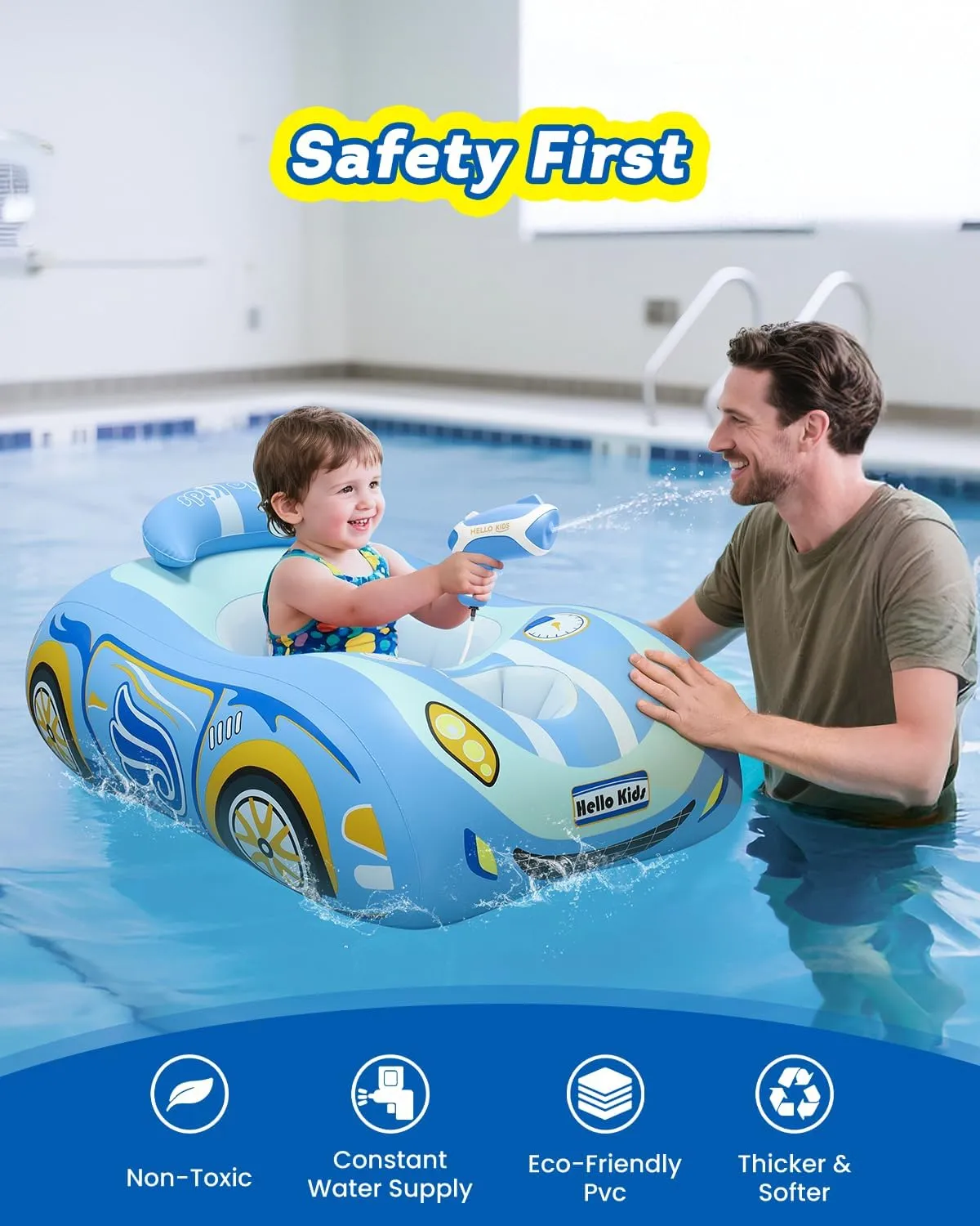 Automatic Water Gun with Toddler Pool Float, Inflatable Car Baby Swimming Float, Pool Toys for 1-4 Years Old Girls Boys Kids Blue-1pack
