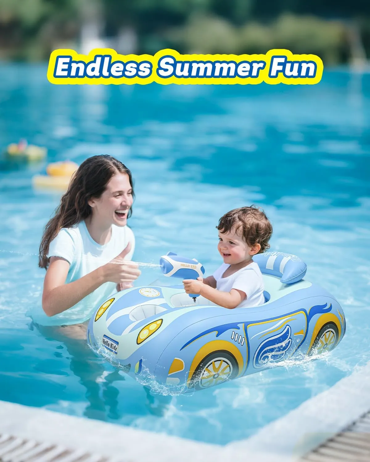 Automatic Water Gun with Toddler Pool Float, Inflatable Car Baby Swimming Float, Pool Toys for 1-4 Years Old Girls Boys Kids Blue-1pack