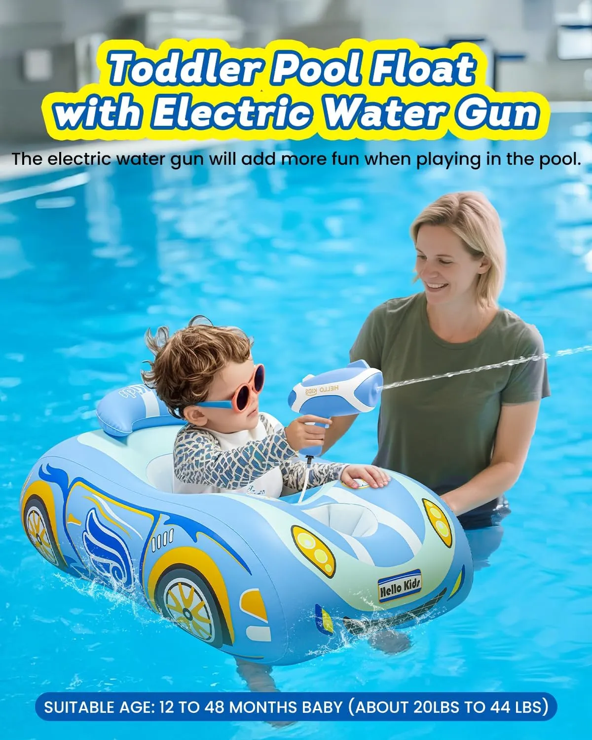 Automatic Water Gun with Toddler Pool Float, Inflatable Car Baby Swimming Float, Pool Toys for 1-4 Years Old Girls Boys Kids Blue-1pack