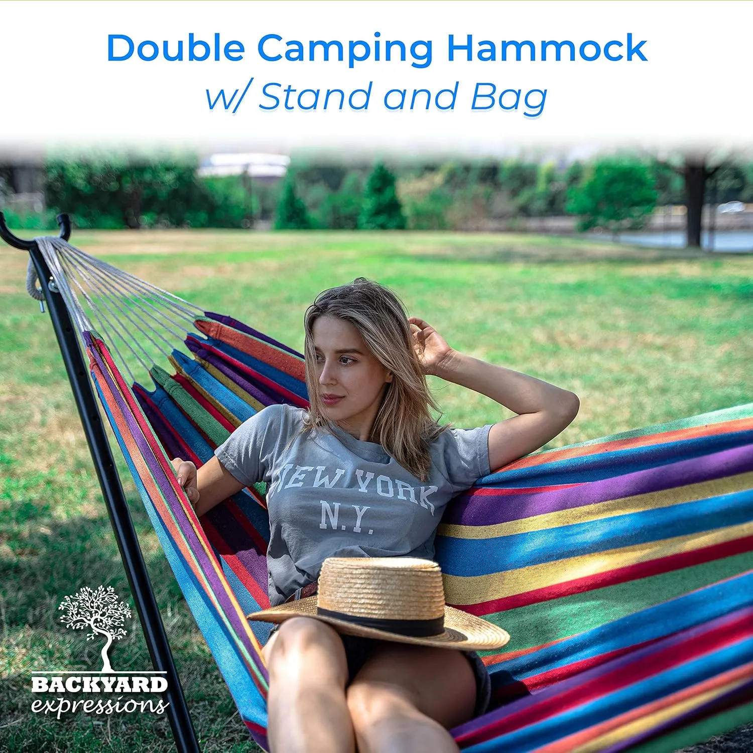 Backyard Expressions - 914922 - Caribbean Rainbow - Portable Double 2 Person Outdoor Hammock with Stand - Multicolor - 9 x 3 Foot Hammock