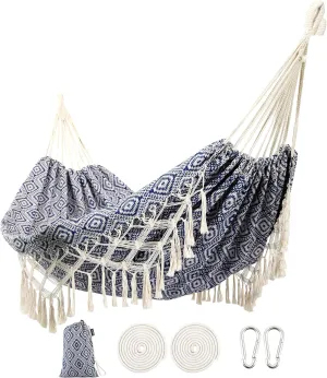 Backyard Hammock with Tassels,Garden Hammocks with Portable Carry,Bag Deluxe Macrame Fringe for Patio,Garden,Backyard,Beach,Outdoor and Indoor Porch Fabric, Up to 450Lbs (Blue-Diamond)