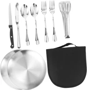 balacoo Outdoor Tableware Set 10pc Stainless Steel Camping Utensils Portable Cutlery Kit Case for Travel