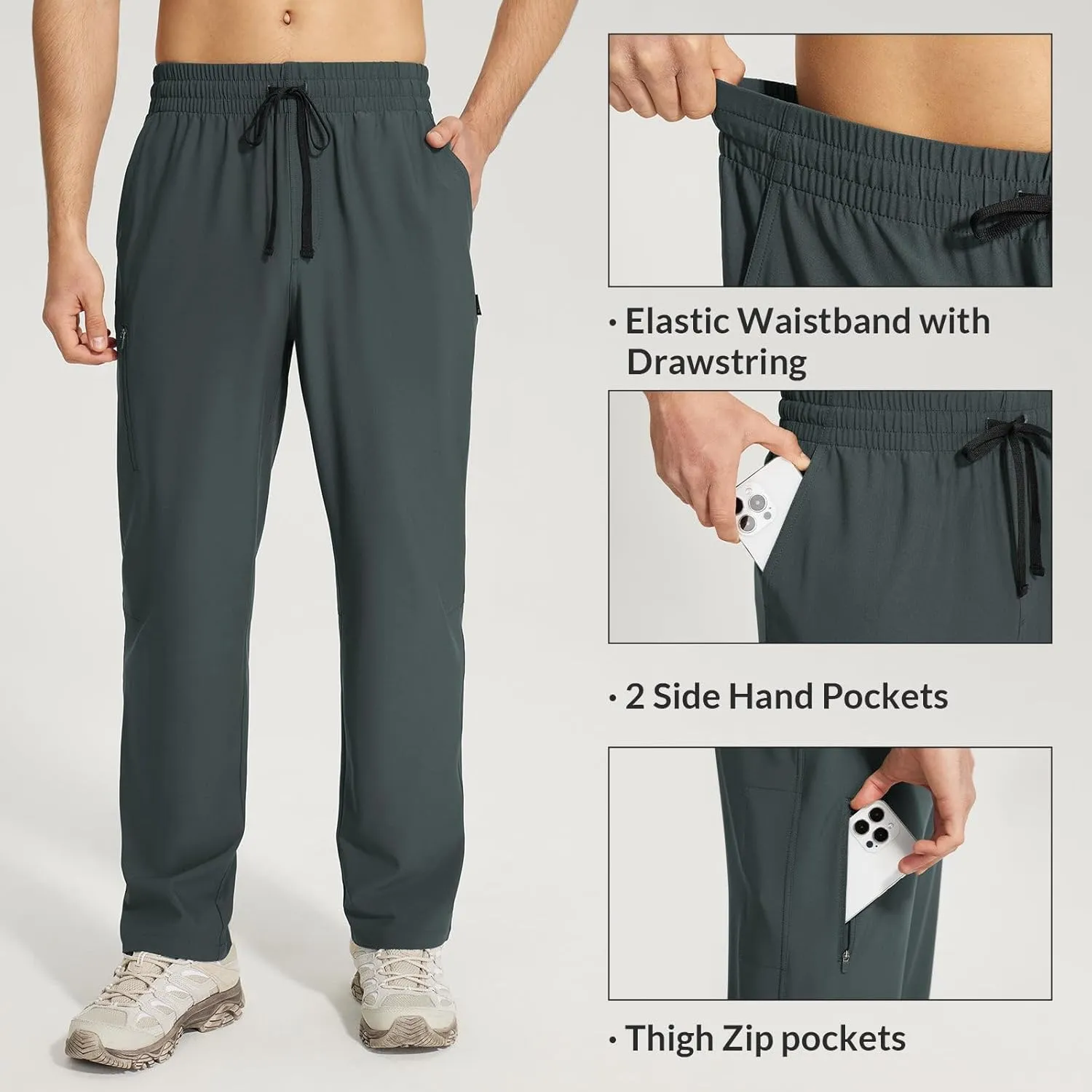 baleaf Men's Hiking Pants Quick Dry Water Resistant Lightweight Elastic Waist Outdoor Cargo Sweatpants with Zip Pockets
