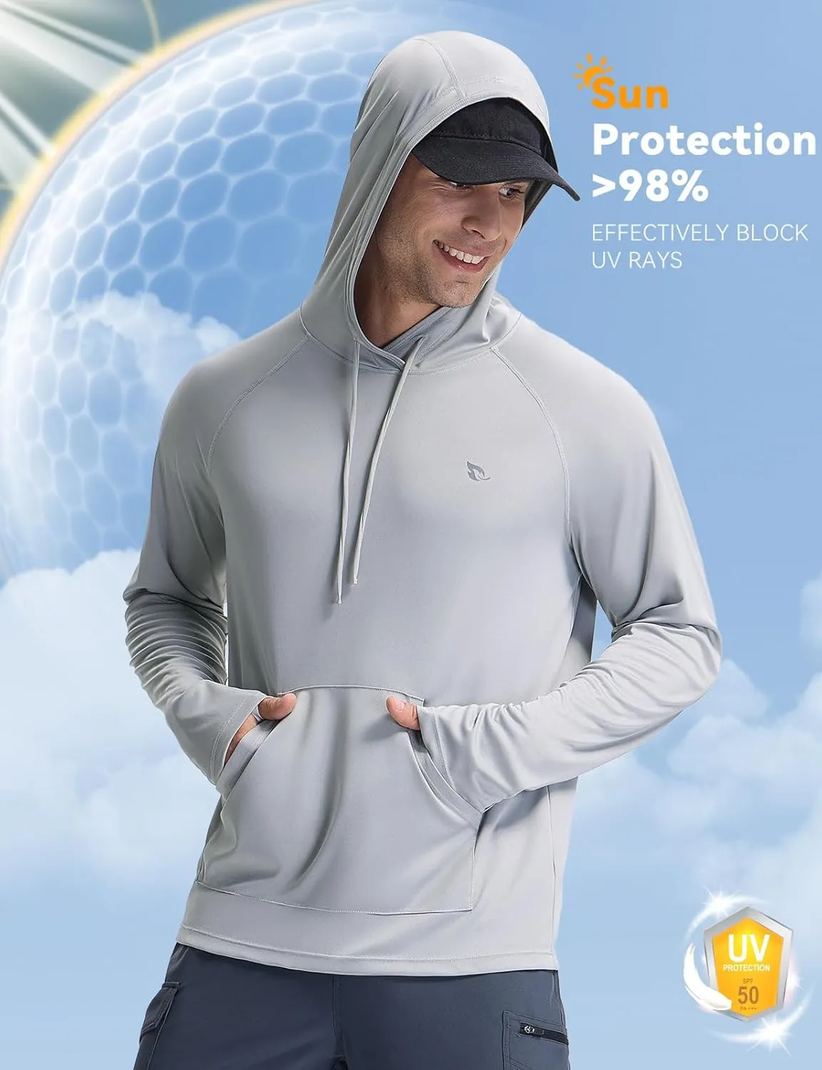 baleaf Men's Rash Guard with Kangaroo Pocket UPF 50  Swim Shirts Long Sleeve Water Sun Protection Hoodie Swimsuit