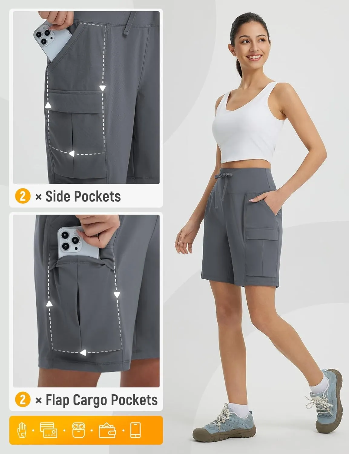 baleaf Women's 7" Hiking Shorts High Waist Water Resistant Quick Dry Lightweight Zip Pockets Workout Athletic Shorts Travel
