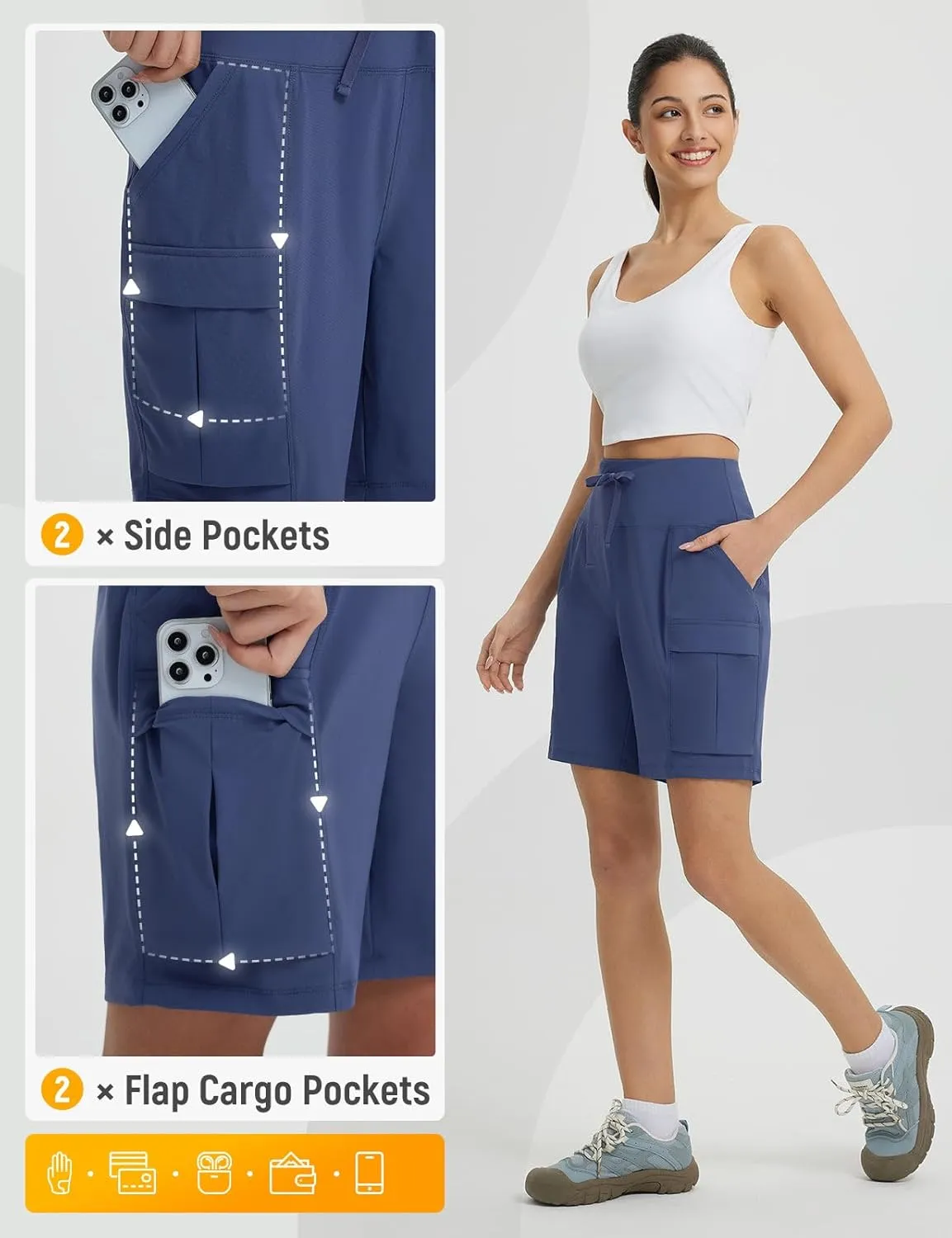 baleaf Women's 7" Hiking Shorts High Waist Water Resistant Quick Dry Lightweight Zip Pockets Workout Athletic Shorts Travel