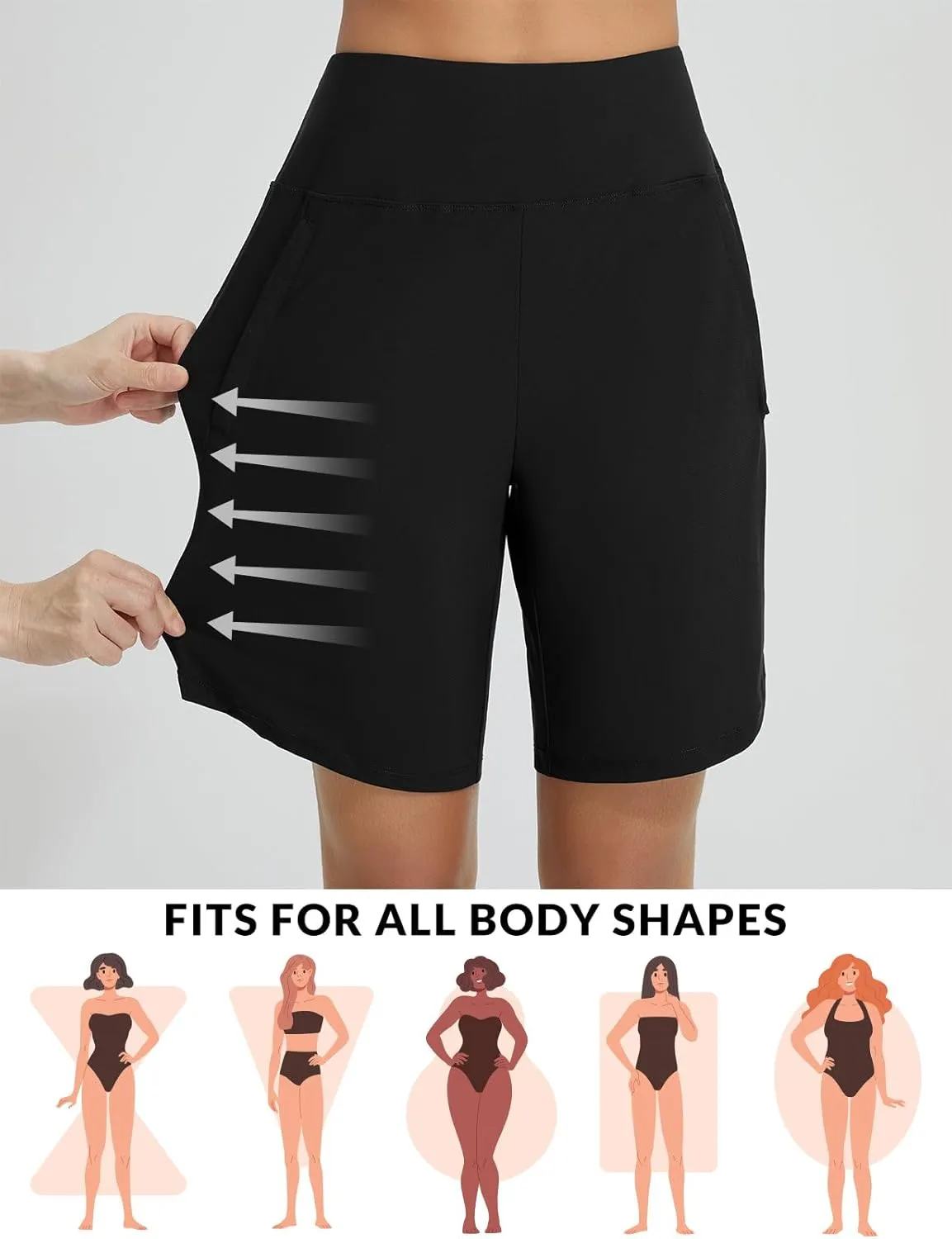 baleaf Women's 9" Long Swim Board Shorts with Zipper Pockets High Waisted Tummy Control Beach Shorts with Liner