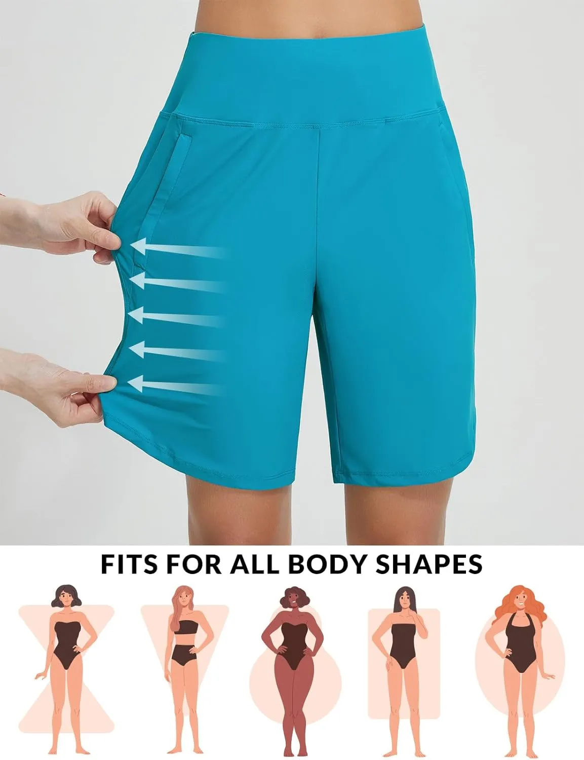 baleaf Women's 9" Long Swim Board Shorts with Zipper Pockets High Waisted Tummy Control Beach Shorts with Liner