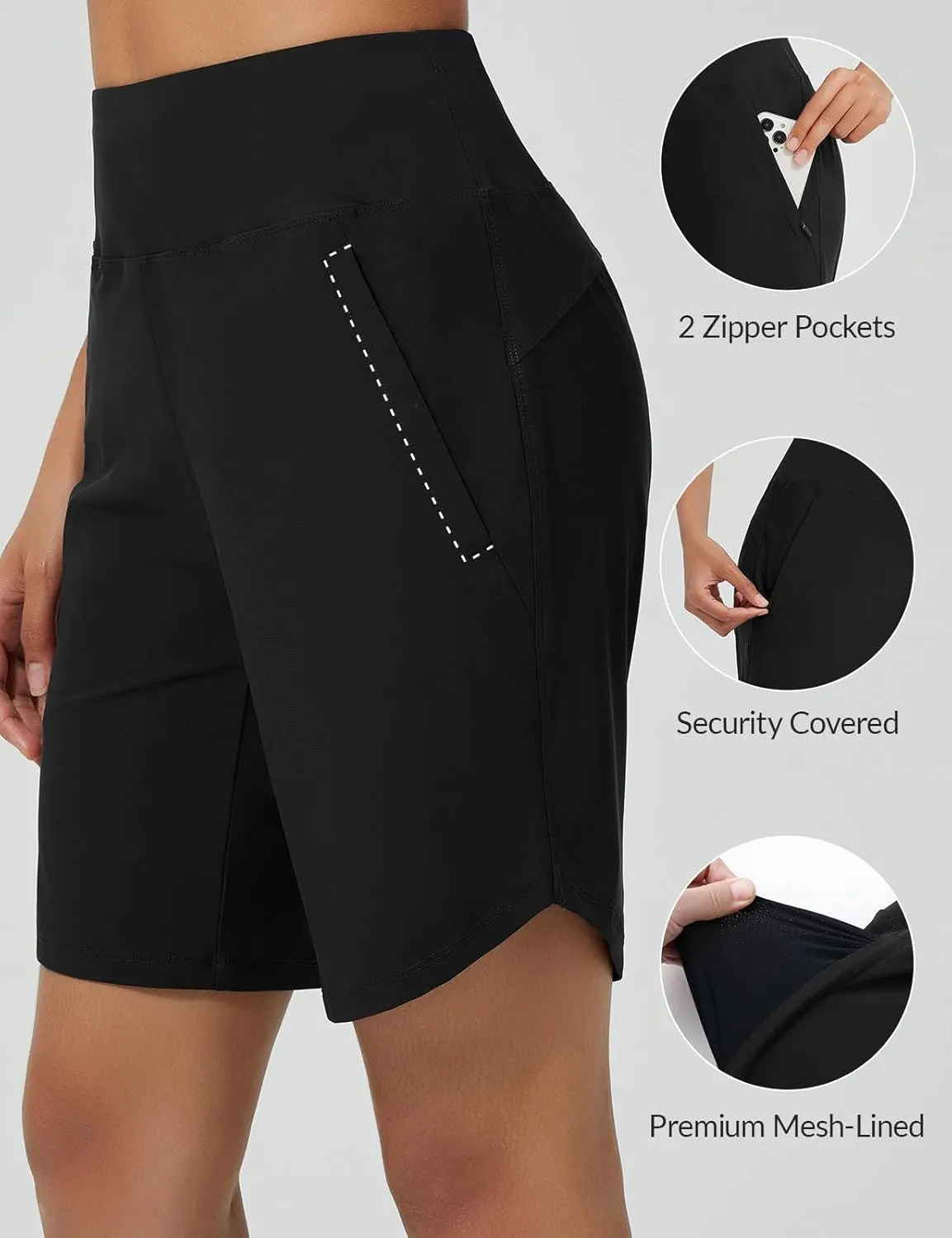 baleaf Women's 9" Long Swim Board Shorts with Zipper Pockets High Waisted Tummy Control Beach Shorts with Liner