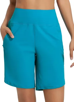 baleaf Women's 9" Long Swim Board Shorts with Zipper Pockets High Waisted Tummy Control Beach Shorts with Liner