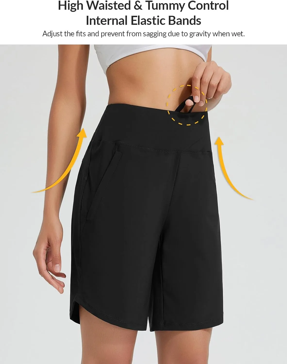 baleaf Women's 9" Long Swim Board Shorts with Zipper Pockets High Waisted Tummy Control Beach Shorts with Liner