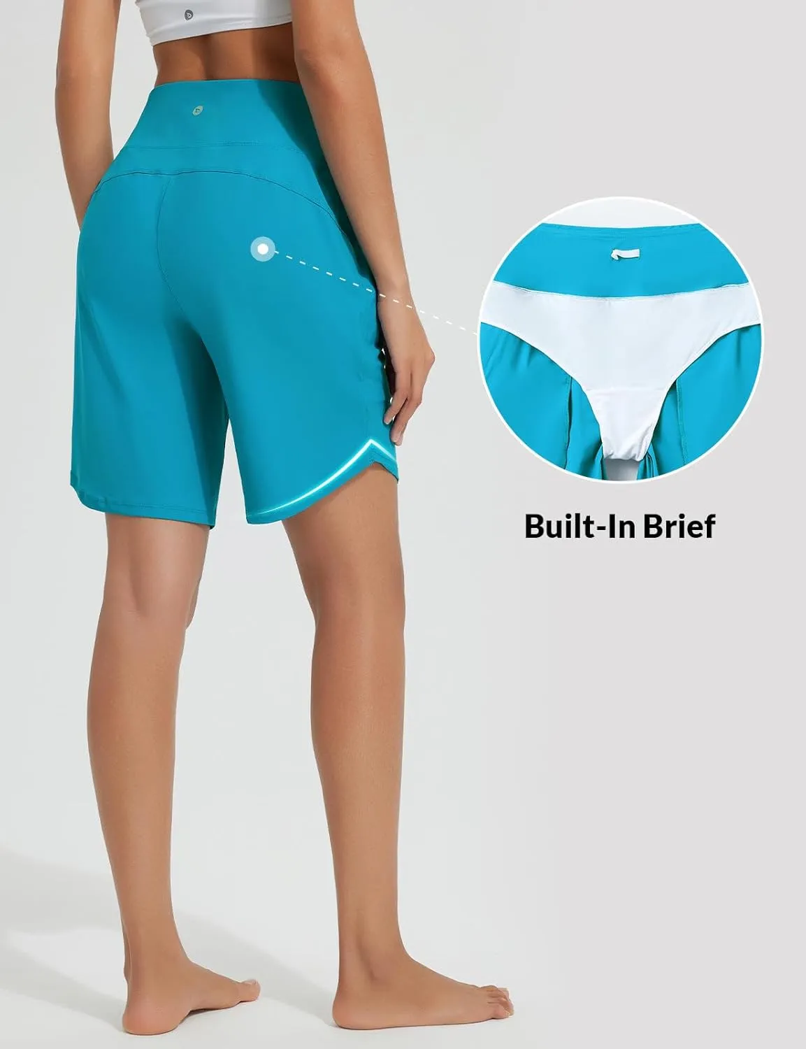 baleaf Women's 9" Long Swim Board Shorts with Zipper Pockets High Waisted Tummy Control Beach Shorts with Liner