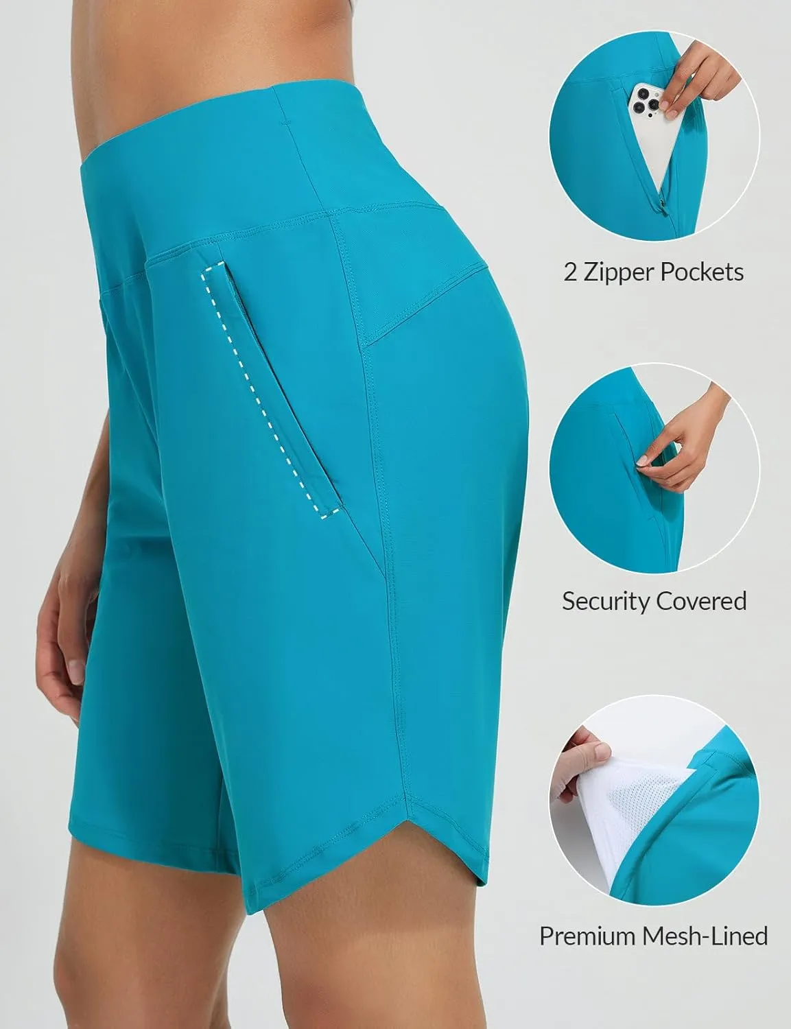 baleaf Women's 9" Long Swim Board Shorts with Zipper Pockets High Waisted Tummy Control Beach Shorts with Liner