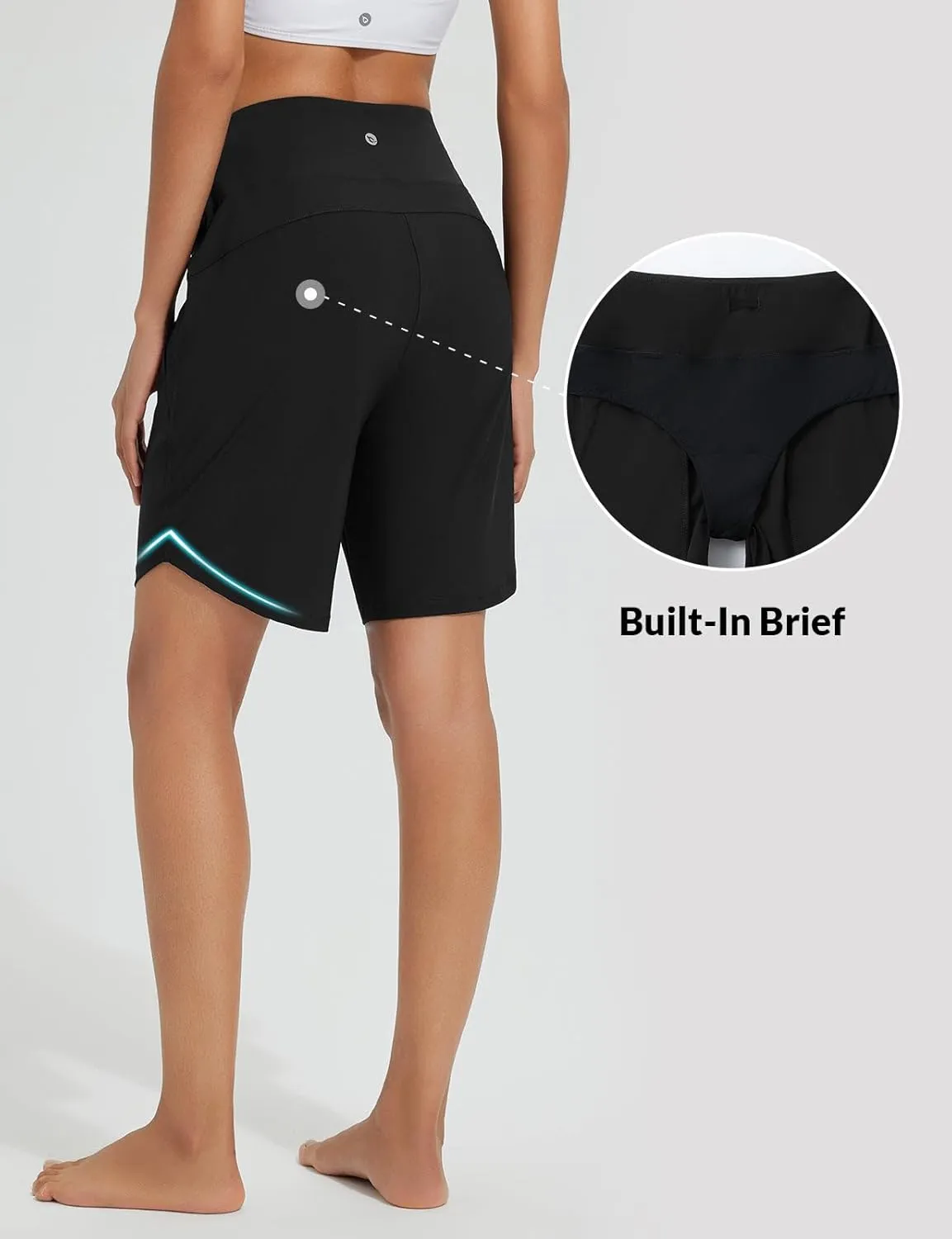 baleaf Women's 9" Long Swim Board Shorts with Zipper Pockets High Waisted Tummy Control Beach Shorts with Liner