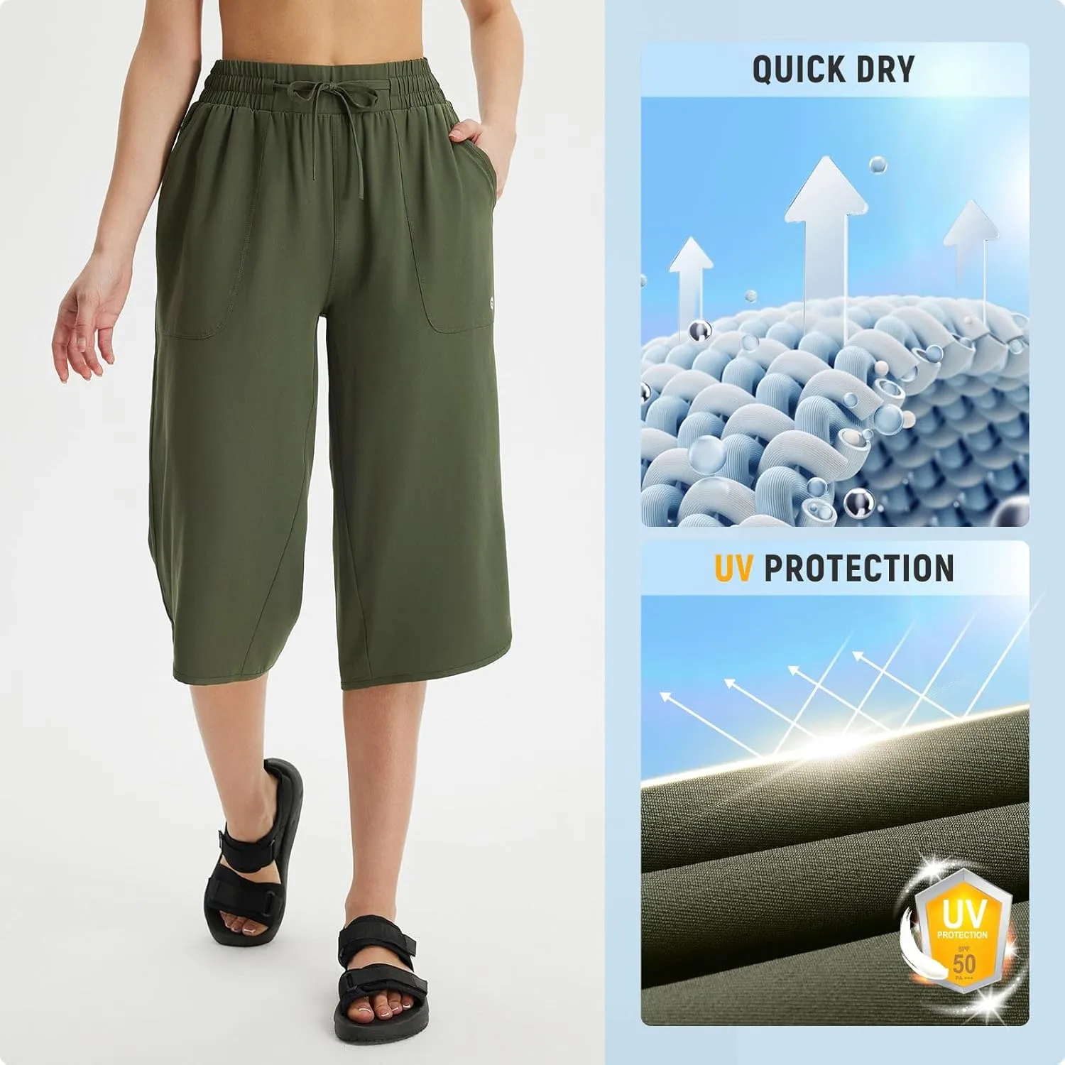 baleaf Women's Capri Pants Wide Leg Plus Size UPF50  Lightweight Quick Dry Pants Casual Loose Sweatpants Hiking Walking