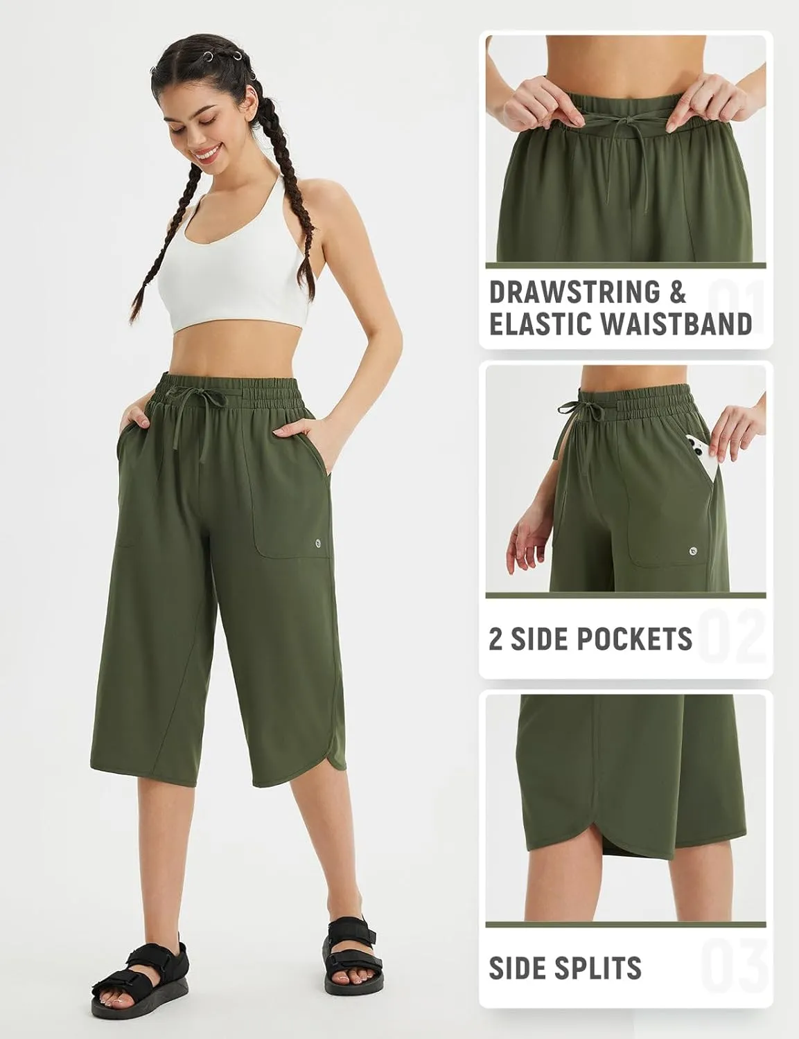 baleaf Women's Capri Pants Wide Leg Plus Size UPF50  Lightweight Quick Dry Pants Casual Loose Sweatpants Hiking Walking