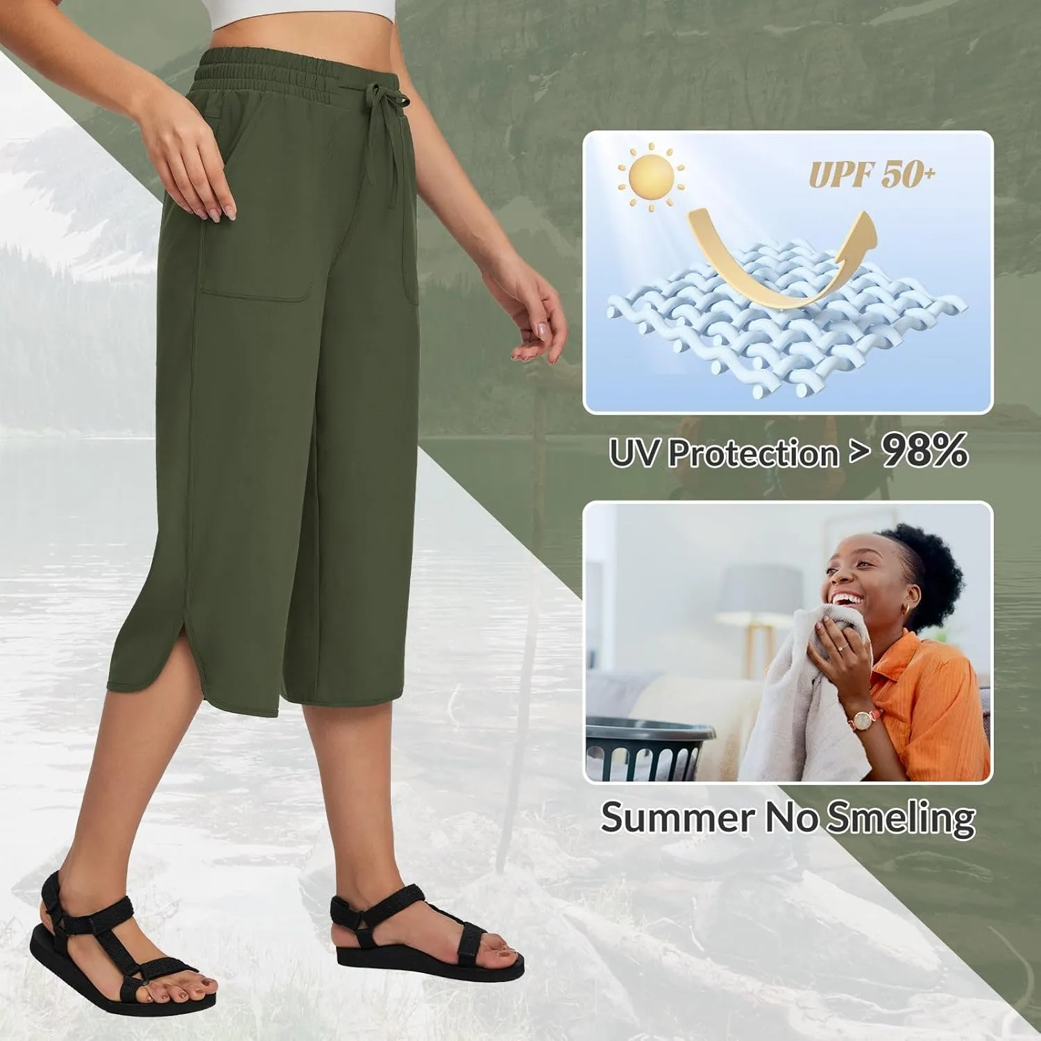 baleaf Women's Capri Pants Wide Leg Plus Size UPF50  Lightweight Quick Dry Pants Casual Loose Sweatpants Hiking Walking