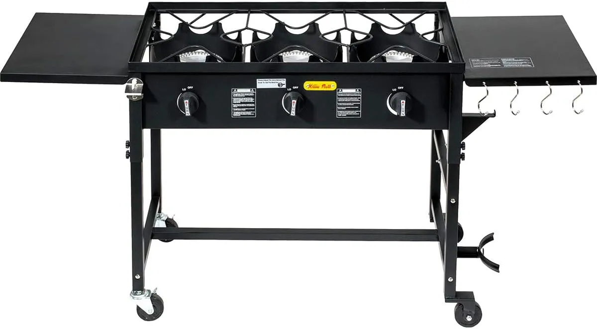 Barton Portable Propane 87,000-BTU Triple-Burner Outdoor Camp Stove Side Table Patio Cooking Wheel w/Regulator 4 Hook Utensil Holder