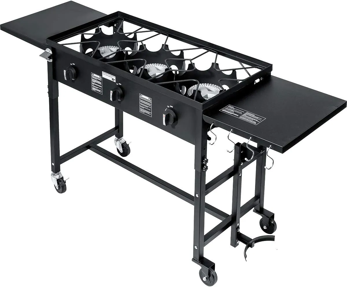 Barton Portable Propane 87,000-BTU Triple-Burner Outdoor Camp Stove Side Table Patio Cooking Wheel w/Regulator 4 Hook Utensil Holder